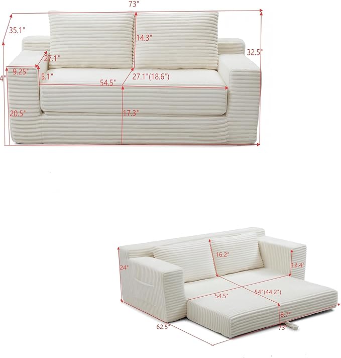 73INCH 2 in 1 Convertible Folding Couch Bed Corduroy Sleeper Sofa with Pull-Out Bed No Assembly Floor Sofa for Living Room Apartment &amp Small Spaces (Orange)