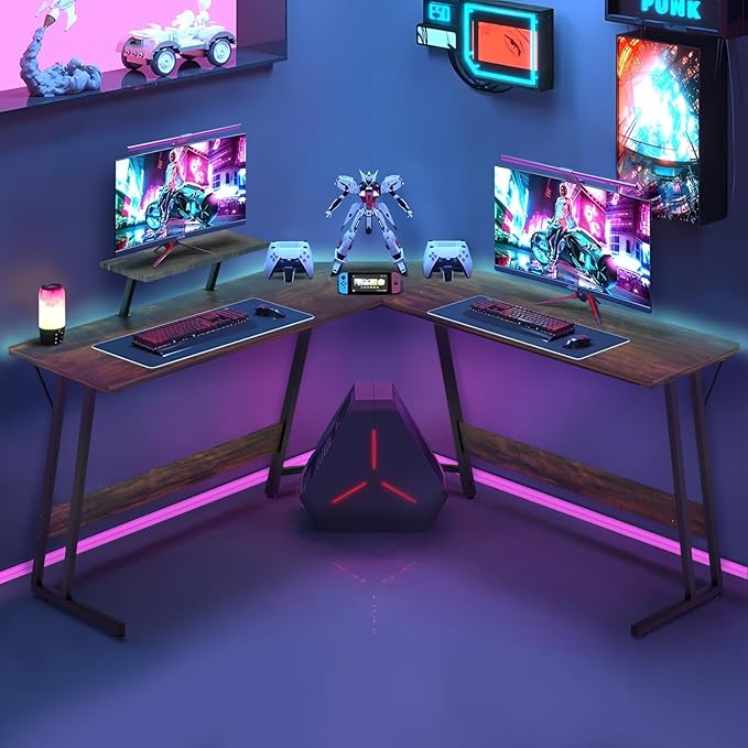 HKLGorg L Shaped Desk Gaming Computer Desk 50.4 Gaming Corner Table with Monitor Stand MDF Board Surface Home Office Table for Working Study Son Boyfriend Gift (Brown)