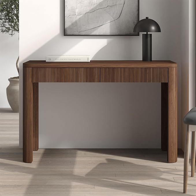 Henn&ampHart 47.5'' Modern Rectangular Wooden Fluted Home Office Desk Ribbed Computer Desk Writing Table with 2 Drawers for Home Office Medium Walnut