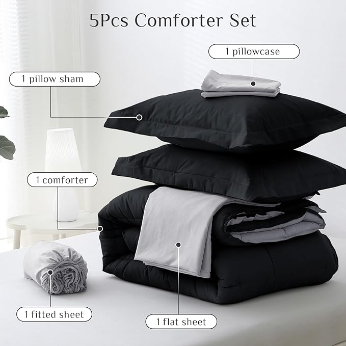 JOLLYVOGUE Twin XL Comforter Set Ultra-Soft Bed in a Bag Twin XL Size 5 Pieces Oeko-TEX Certified Bedding Set with Down Alternative Comforter Sheets Pillowcases &amp Shams Black &amp Light Grey