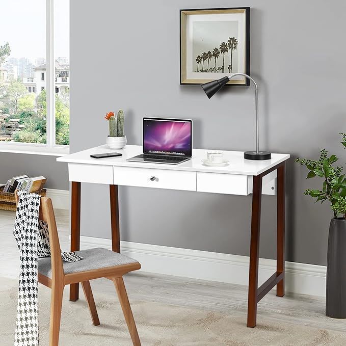 COSTWAY 42 Computer Desk with Storage Drawer Modern Home Office Writing Study Table with Solid Rubber Wood Legs &amp Non-Slip Foot Pads Multifunctional Makeup Vanity Dressing Table (Coffee and Whi