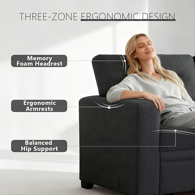 Dreamzie L Shaped Sectional Sleeper Sofa with Storage Chaise 3 Seater Pull Out Couch for Living Room Convertible Sofa Bed Couch for Apartment Office - Dark Grey | Linen