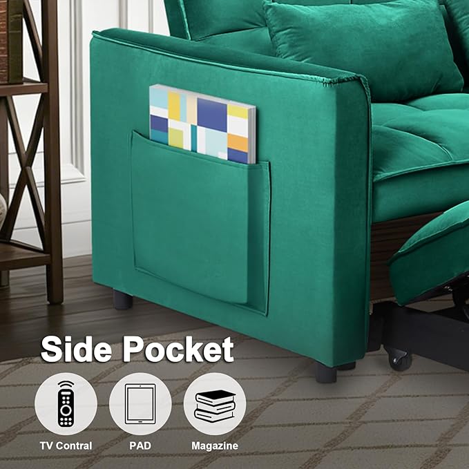 3 in 1 Convertible Sofa Bed Pull Out Couch with Adjustable Backrest Velvet Sleeper Sofa Loveseat with Pillows and Side Pockets for Living Room Bedroom Apartment Green