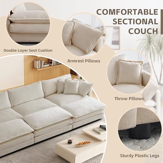 SoarFlash Chenille Sectional Sofa Comfy Modular Coush Sofa with Ottoman Modern 3 Seat Recliner Deep Seat Sofa Set for Living RoomLight Coffee