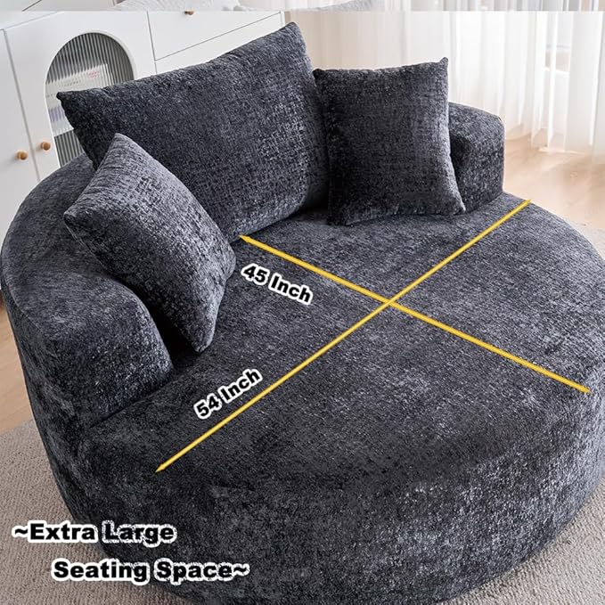 Swivel Accent Barrel Chair Oversized Modern Akili Upholstered Sofa Lounge Club Leisure Chair Round Chair for Hotel Living Room with 3 Pillows (Black Chenille) 15D x 38.6W x 50H in