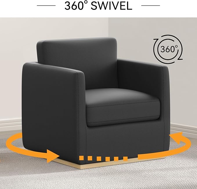 Sunny Heart Swivel Accent Chair Velvet Swivel Barrel ChairClub Chair with Wood Base Modern Upholstered Armchair Cozy Chairs for Living Room Bedroom Reading Leather-Black