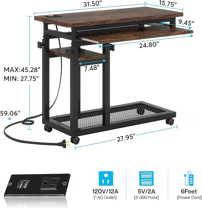 Tribesigns Small Portable Desk with Power Outlet Height Adjustable Sofa Couch Bedside Laptop Table with Wheels Mobile Standing Desk Rolling Computer Cart C Side Table with USB Ports