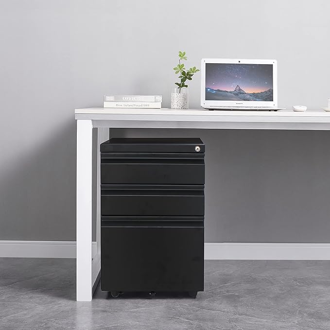 3 Drawer Mobile File Cabinet with Lock Under Desk Metal Filing Cabinet for Legal/Letter/A4 File Installation Required (Black)