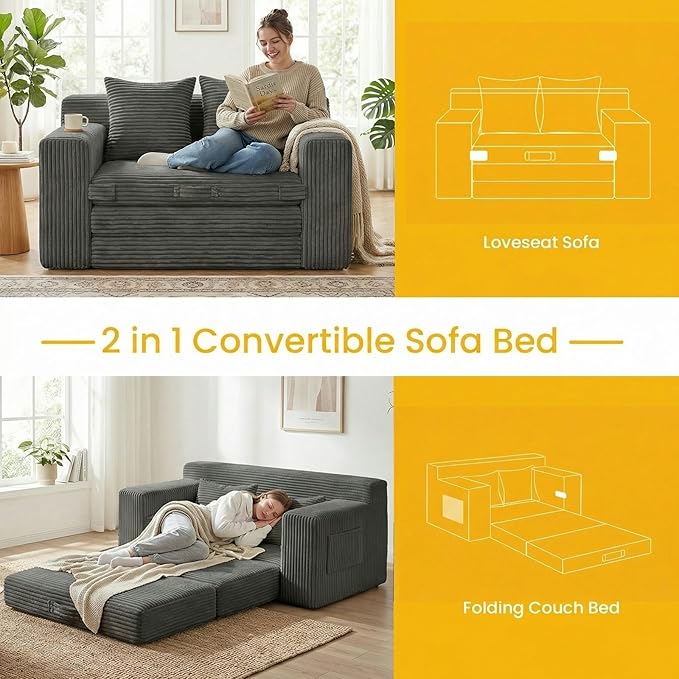 Boneless Loveseat Sleeper Sofa Bed: 3-in-1 Convertible Sofa Bed with Side Pockets &amp HandlePull Out Couch with 2 PillowsFolding Futon for Small SpaceLiving Room &amp BedroomCorduroy FabricNo