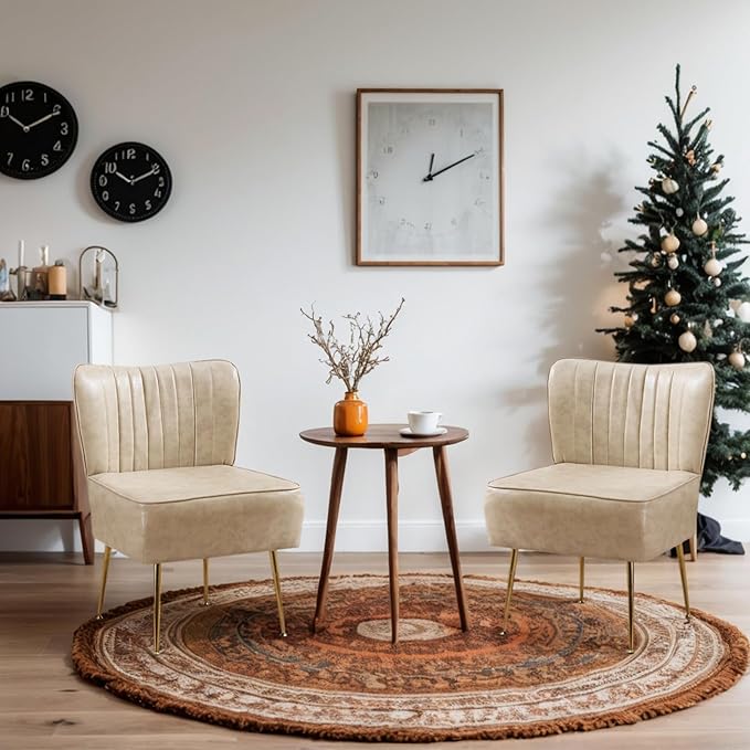 PU Leather Accent ChairsModern Armless Living Room Slipper Chair Wingback Side Chair Comfy Single Sofa with Gold Metal Legs Chair for BedroomSmall SpaceGuest RoomLight CoffeeBeige