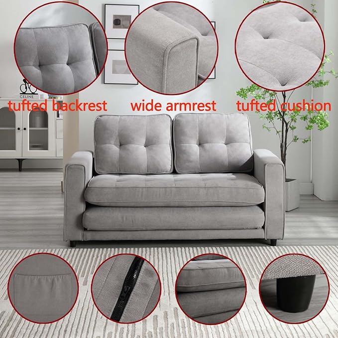 Folding Futon Sleeper Sofa with Pull Out Couch BedModern Velvet Loveseat Sleeper Convertible to Full Size Floor Couches Bed for Living Room Bedroom Small Space (Gray)