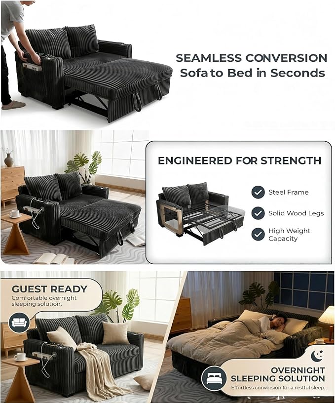 Dreamzie 53 Pull Out Couch 3 in 1 Convertible Sleeper Sofa Bed Corduroy Fabric Double Loveset with Pull Out Bed USB Port Side Pockets and Cup Holders for Living Room and Apartment Black