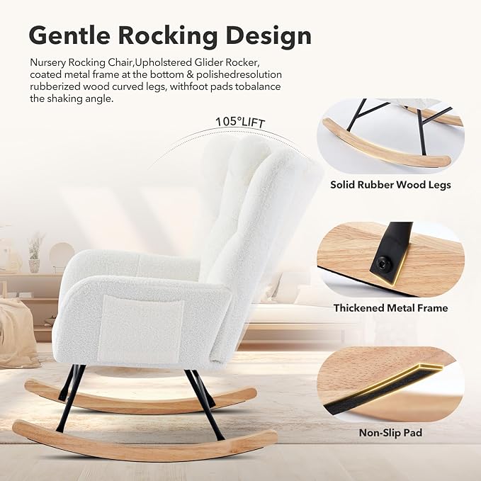 Nursery Rocking Chair Upholstered Padded Seat Rocking Chair with High BackrestModern Accent Recliner for Living Room Bedroom Cozy Reading
