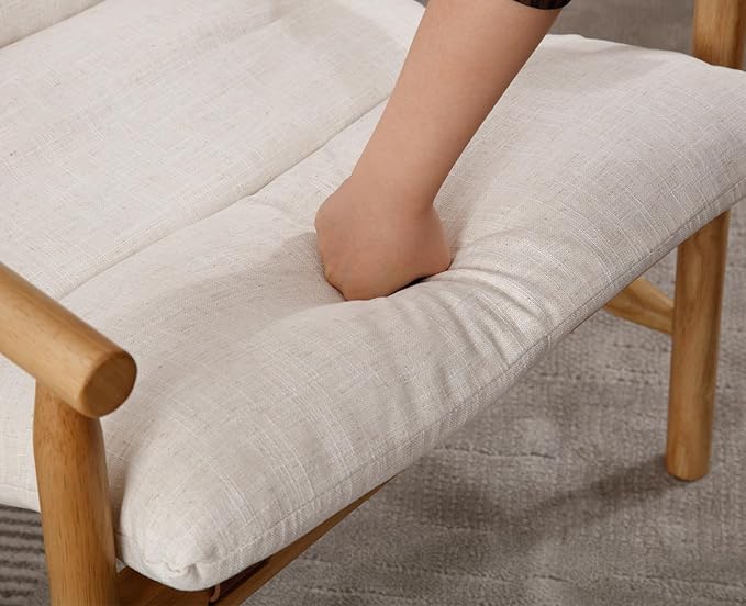 Kmax Modern Sling Accent Chair Mid-Century Linen Living Room Chair Comfy Lounge Chair Solid Wood Frame Chair with Armrest for Reading Room Backyard Beige