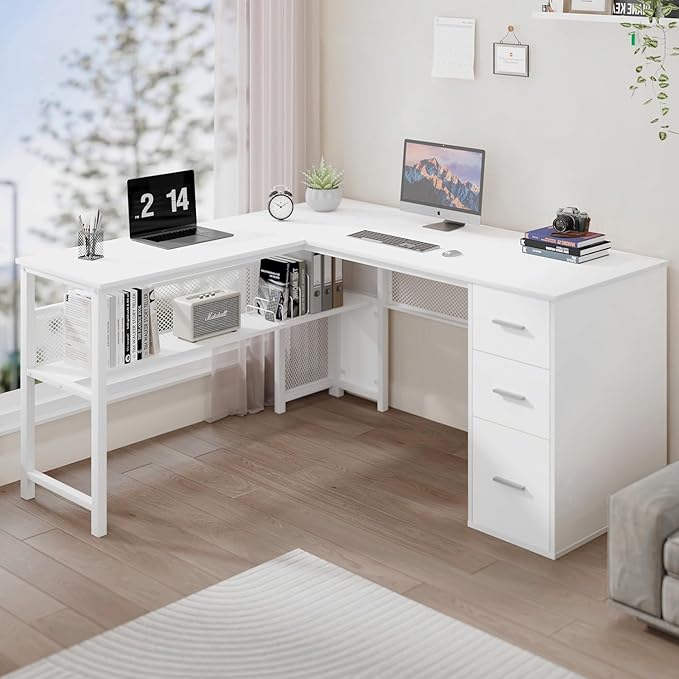 LVB White L Shaped Corner Desk with Drawers Reversible Modern L-Shaped Computer Desk with Storage Cabinet Shelves Large Wood Metal L Shape Home Office Desk for Work Study Writing Gaming 59 Inch