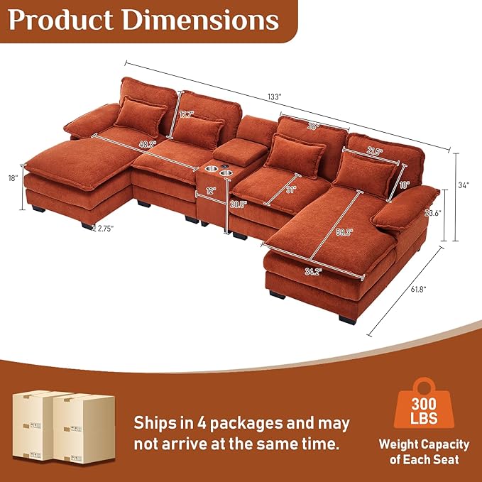 133 Oversized U Shaped Cloud Couch Modular Sectional Couches for Living Room Comfy Chenille Deep Seat Sofa Set with Double Chaise Lounge Storage Central Console Cup Holders USB Port Orange