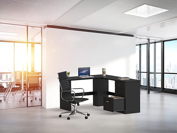 SHW 51 x 59 Inches L-Shaped Home Office Wood Corner Desk with Box Box File Drawers Black