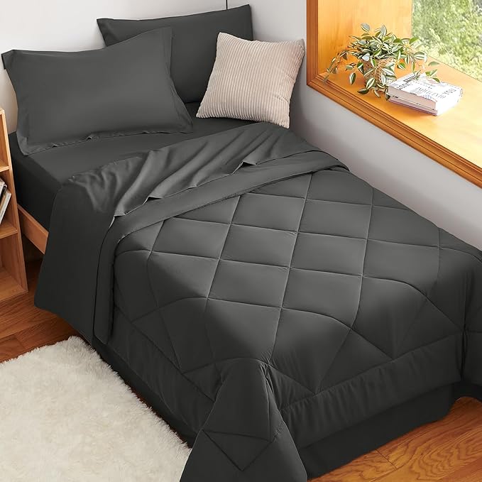 CozyLux Twin XL Comforter Set Dark Grey - 5 Pieces Twin Extra Long Bed in a Bag for College Dorm All Season Bedding Set for Girls and Boys Soft Bed Set with Comforter Sheets Pillowcase &amp Sham