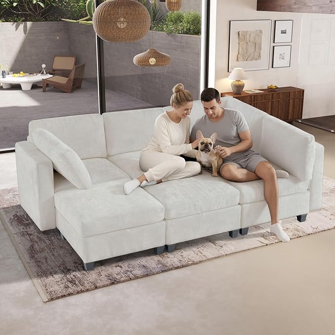 6 Seat Modular Sectional Sofa with Storage Convertible Sectional Couch Modular Sofa with Chaise Living Room Furniture Sets U Shaped Couch with Ottoman Couches for Living Room Beige Textured