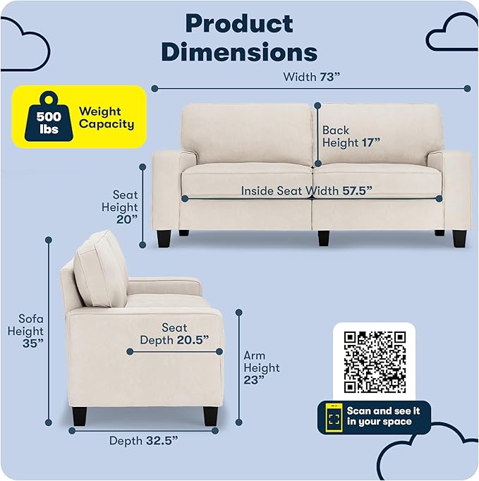 Serta Palisades 73 Track Arm Sofa Easy Care Polyester Soft Pillow Back Pocket Coil Seat Cushions Removable Covers Loveseat or Couch for Small Spaces Living Rooms or Bedrooms Cream White
