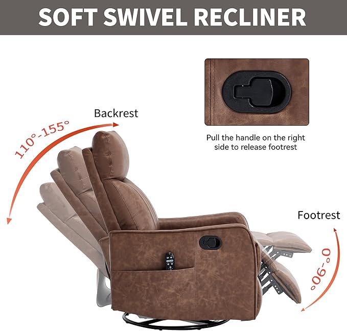 Light Brown 360° Swivel Rocker Recliner Chair Massage Reclining Chair with 8-Point Vibration &amp Lumbar Heat for Adults Elderly 155° Recline Easy Assembly for Living Room