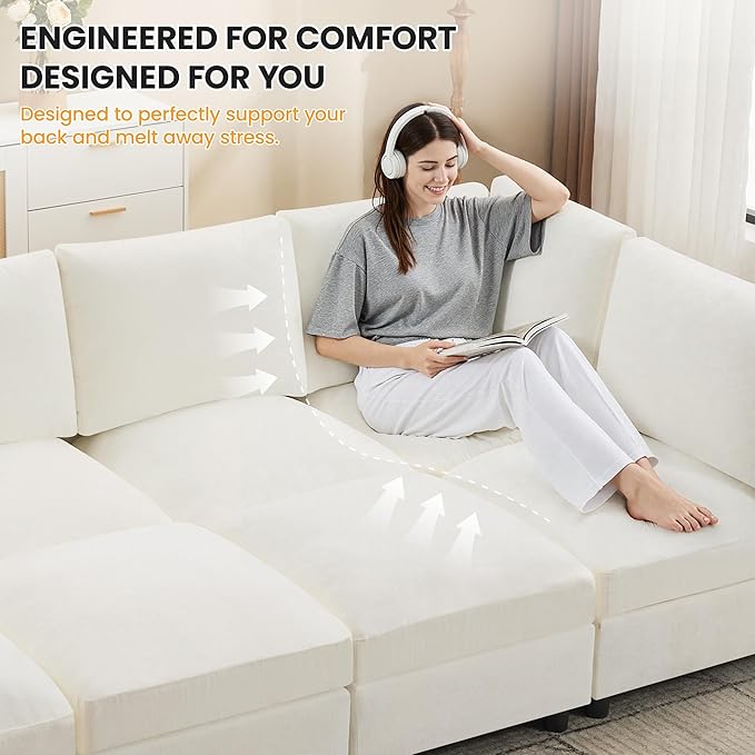 116'' Modular Sectional Cloud Sofa Bed 8-Seater Convertible Sofa Couch with Ottoman Modern Deep Seat Sleeper Sofa for Living Room Chenille Beige