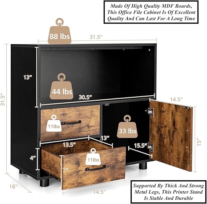 Office File Cabinet Kitchen Buffet Server Sideboard Multipurpose Storage Cabinet Ample Storage Space with Wide Countertop Spacious Shelf 2 Drawers 1 Door Cabinet Safe with Anti-Toppling Device