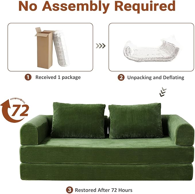 79 Convertible Sofa Bed 5-in-1Boneless Couch for Living Room with 2 Pillows Corduroy Folding Sleeper Sofa Bed Boneless Cloud Loveseat Futon Sofa Bed for Living Room Bedroom Lounge Green