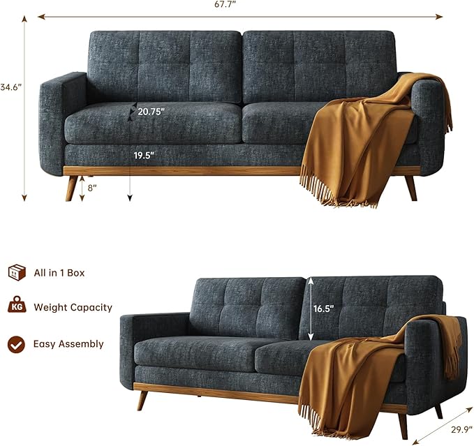 67.7” Loveseat Sofa Mid Century Modern Decor Love Seat Couches for Living Room Button Tufted Upholstered Small Couch for Bedroom Solid and Easy to Install Furniture (Blue Gray 67.7inch)