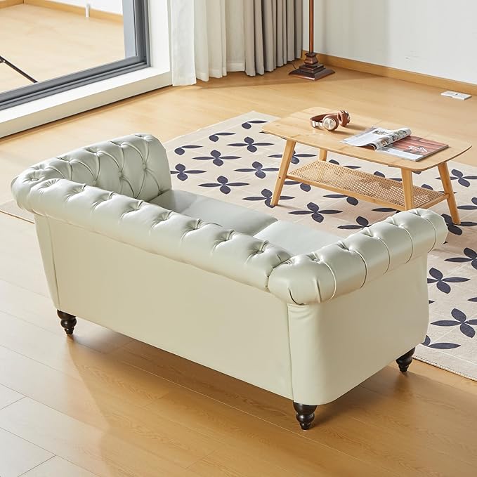 LEVNARY Leather Sofa Chesterfield Tufted Upholstered 2 Seater Couch Modern Loveseat Couch Classic Furniture for Living Room Bedroom (Cream White)