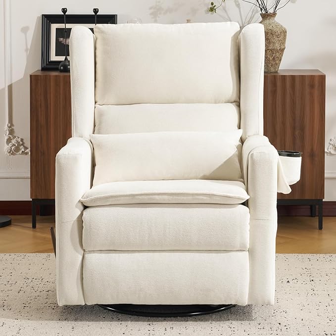 Swivel Rocker Recliner for Adults Glider Recliner Nursery Chair with Adjustable Headrest Manual Rocker Recliner with Cup Holder and Side Pockets White