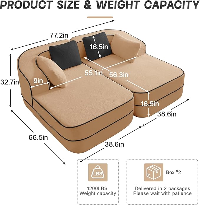 KEIKI 2Seat Modular Boneless Sectional Velvet Sofa Couch with Chaise for Living Room Apartment Living Style Conscious Homeowners Soft Plush Comfortable Cozy Relaxing Contemporary Design Camel