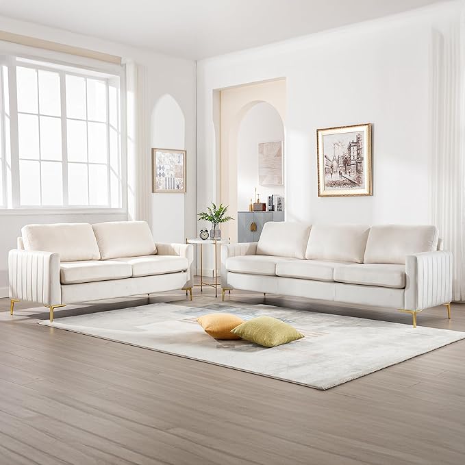 Small Couch for Bedroom 65 Mid Century Modern Loveseat Sofa Love Seat Living Room Comfy Channel Tufted Velvet Upholstered 2 Seater Sectional Couches for Small Space Office Apartment (Beige)