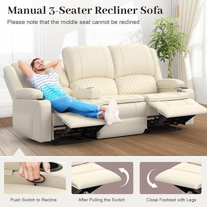 3-Seater Recliner Sofa Manual Reclining Couch with Multi-Functional Middle Seat Reclining Sofa for Living Room with Hidden Storage Space Cup Holders and Removable Console