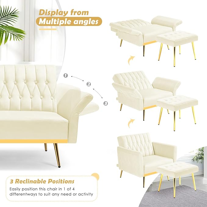 Velvet Accent Chair with Adjustable Backrest and Armrests Single Recliner Armchair with Ottoman and Golden Mental Legs for Living Room Bedroom and Waiting Room Beige