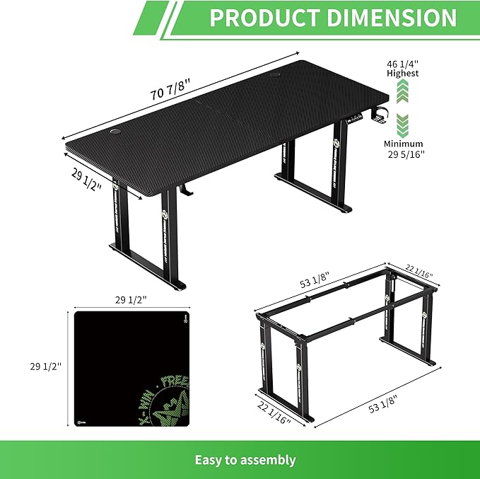 X-Win Electric Height Adjustable Standing Desk 71 x 29.5 4-Leg Ergonomic Sit to Stand for Home Office Powerful Dual Motor Work Surface Carbon Fiber Textured Black