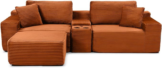 111 Inch Modular Sectional Sofa Couch Oversized Modern Cloud Couch for Living Room L Shape Couches with Ottomans USB Ports and Cup Holders Orange Corduroy Boneless Sofas Sofa in a Box