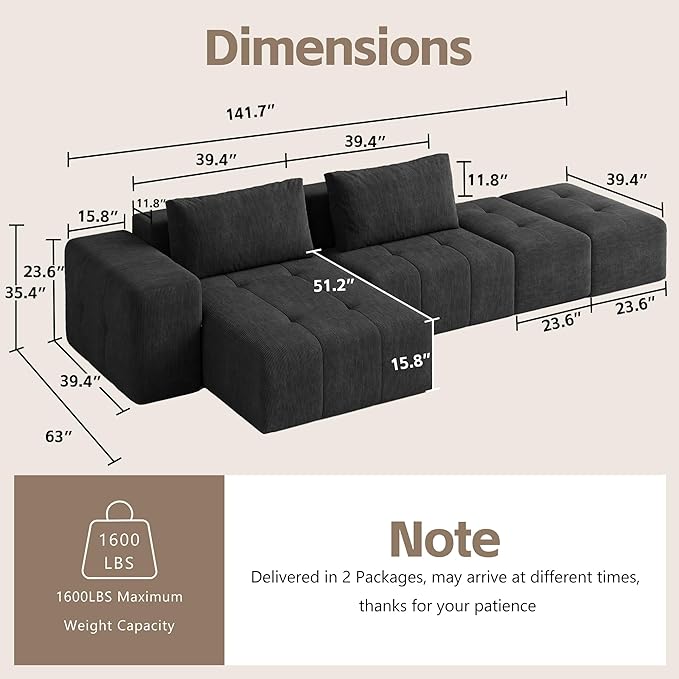 wanan 141 Boneless Couch for Living Room Oversize Cloud Sectional Sofa with Deep Seat L Shaped Modern Cloud Sleeper Sofa Bed with Chaise Black
