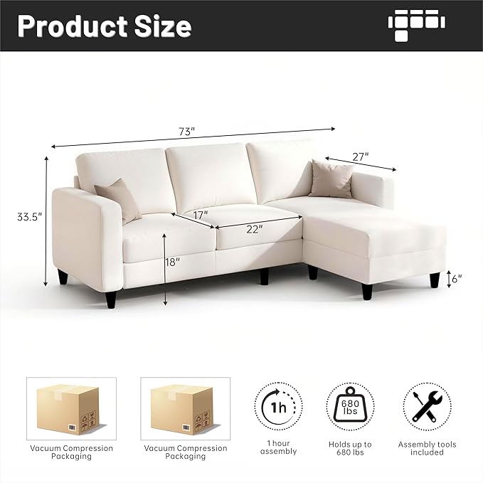 73 Small Sectional Sofa with Reversible Chaise Linen Fabric L-Shaped Couch with Solid Oak &amp Iron FrameHigh-density Sponge Spring Seat CushionRemovable Sofa Cover Compact Apartments and Studios