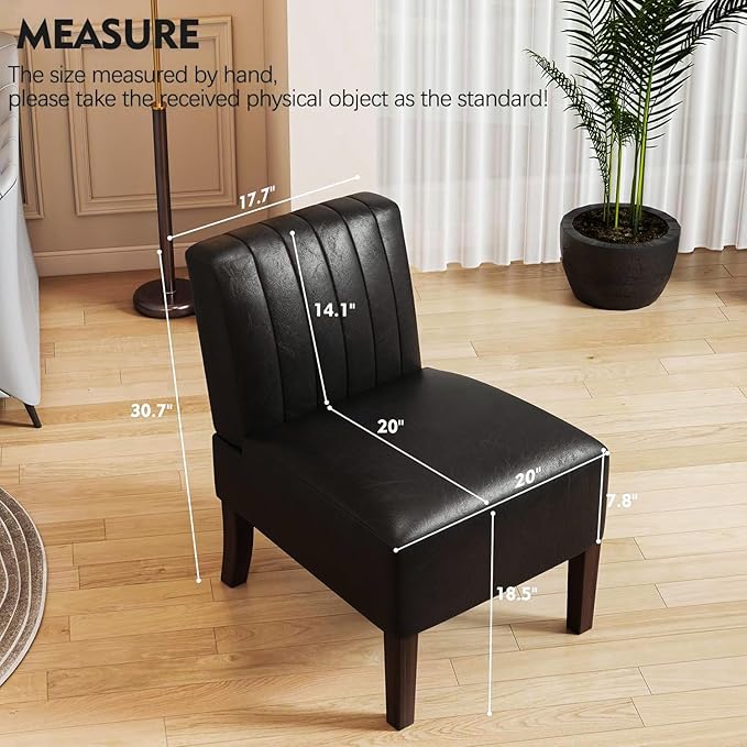 Armless Accent Chairs Upholstered Dining Chairs Living Room Chairs with Solid Wood Legs Leather Reading Chair for Adults Comfy Chair for Bedroom Vanity Kitchen (Black)