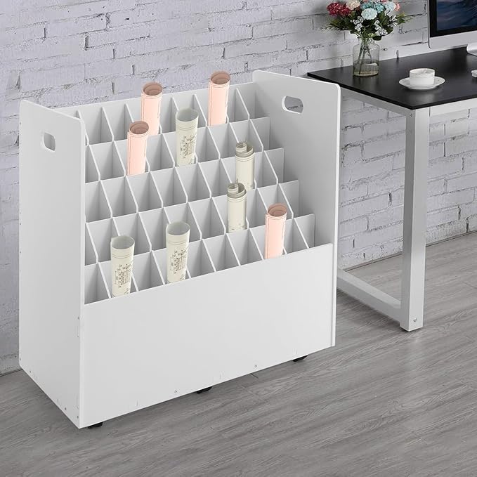 Mobile Blueprint Storage Cabinet 50-Slot Roll File Organizer Movable File Storage Cart Up to 66.14lbs Capacity 5 Tiers Roll Files Storage Mobile Blueprint Holder for Office and Home