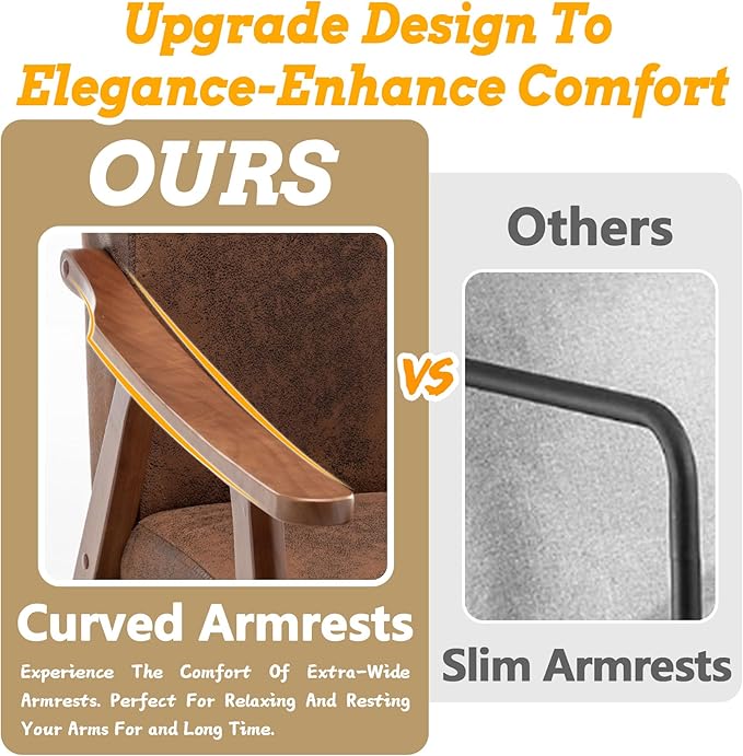 Mid Century Modern Accent Chair Upholstered Armchair Comfy with Wood Legs Siting Chair with Soft Cushion PU Leather Side Chairs for Living Room Bedroom Office (Microfiber Brown)