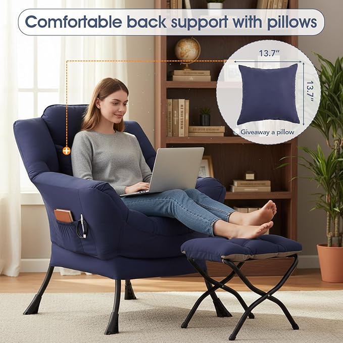 Lazy Chair with Ottoman Large Accent Chair with Ottoman and a Throw Pillow Navy Reading Chair for Living Room Bedroom Dorm Room Office Apartment Relaxing Use