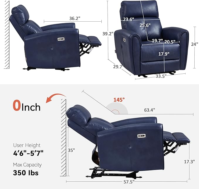 MCombo Power Small Recliners for Small Spaces Living Room RVs Modern Style Zero Wall Hugger Recliners Chair with Lumbar Support USB&ampCharging Ports FSC Certified Faux Leather PR699 (Navy Blue