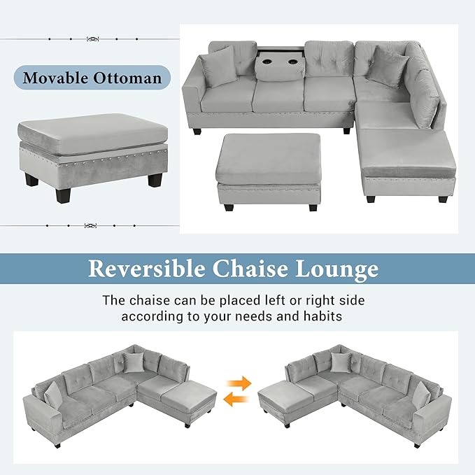 Merax Modern Sectional Sofa with Storage Ottoman L Shaped Couch with 2 Pillows and 2 Cup Holders Polyester Sectional Sofa with Reversible Chaise for Living Room Home Office (Gray)