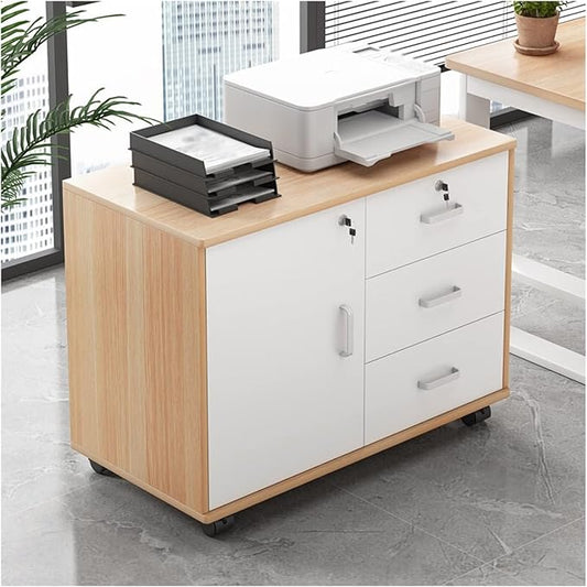 Filing Cabinet 3-Drawer Wood File Cabinet Mobile Lateral Filing Cabinet on Wheels Printer Stand Storage Organizer Cabinet for Home Office File Storage CabinetsLog Color-One Size