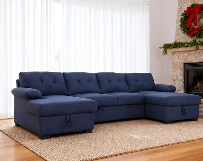 asunflower Sleeper Sofa Sectional Couch with Double Storage Chaise 120-Inch Pull Out Couch for Living Room Apartment U Shaped Easy to Assembly 4-5 Seater Sofa Bed (Navy Blue)