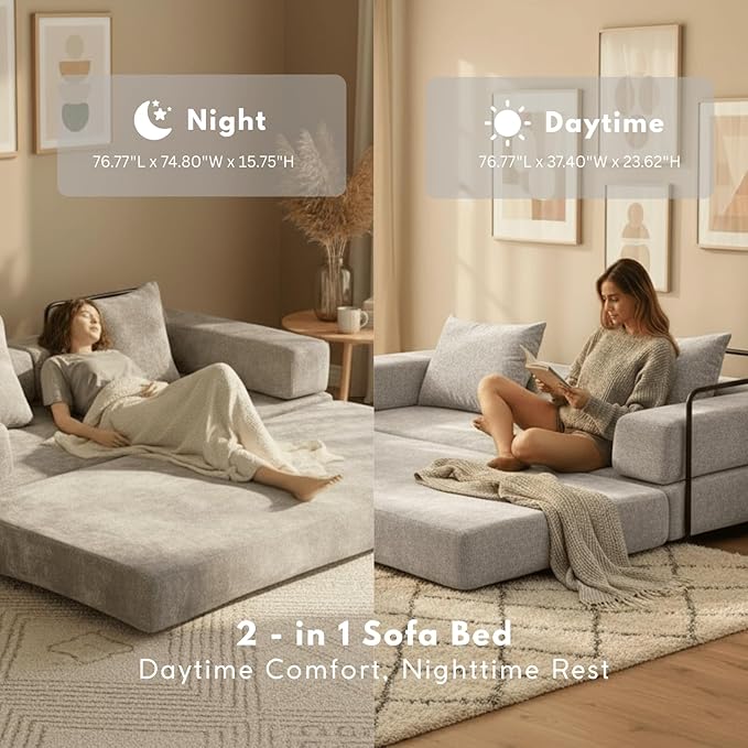 Alpen Convertible Sleeper Sofa Bed 77 Sofa Bed Full Size with L-Shaped Armrests Pull Out Sofa Beds Queen Size Couches for Small Living Room for Living Room Bedroom Light Grey