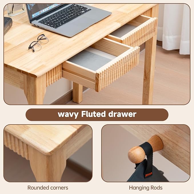 39.4'' Solid Wood Desk with Drawers Mid Century Modern Home Office Desk Vintage Wooden Writing Desk with Storage and Hooks Dark Wood Computer Table for Bedroom Study (Natural)