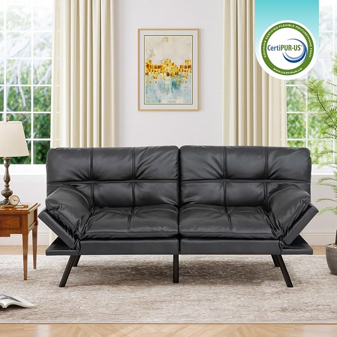 MUUEGM 71 Convertible Futon Sofa Bed Multi-Position Adjustable Back &amp Arms Space-Saving Comfortable Sleeper Couch Modern Loveseat for Urban Apartments &amp Offices – Matte Black